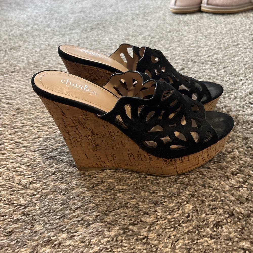 Charles Black Laser-Cut Cork Wedge Mules
